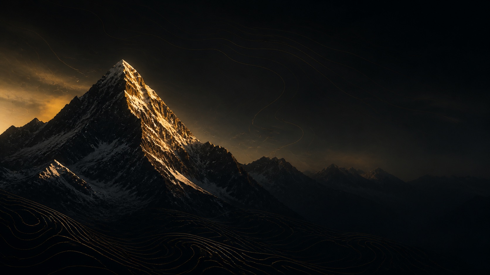 Dark mountain peak lit by gold light